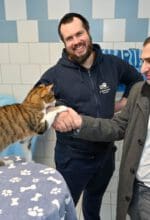 Kater Alfred besiegelt mit seiner Pfote die Kooperation zwischen Julian Behrmann stellvertretend für das Bochumer Tierheim und Meheddiz Gürle stellvertretend für die Stadtbücherei Bochum, 22.03.2023. +++ Foto: Lutz Leitmann/Stadt Bochum