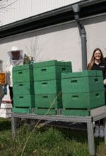 Das Azubi-Team, das am Mennekes-Logistikzentrum die Bienen betreut präsentiert u.a. Gläser des Honigs 2022 - MENNEKES / Foto Remo Wutta