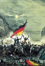 Jubelnde Revolutionäre nach Barrikadenkämpfen am 18. März 1848 in der Breiten Straße in Berlin - Bild Von Autor/-in unbekannt - im Original: "Erinnerung an den Befreiungskampf in der verhängnisvollen Nacht 18.-19. März 1848", Kreidelithographie, koloriert, gedruckt im Verlag Winckelmann, Eigenth. v. C. Glück, Berlin, Signatur rechts unten nicht lesbar, wohl Blatt II, post-1848 und zeitgenössisch (genaues Datum unbekannt), gescannt von User:APPER, siehe https://www.deutsche-digitale-bibliothek.de/item/YSA74GHCTOXUCF2V3JY6ZQ2CC3TKLHP2, Gemeinfrei, https://commons.wikimedia.org/w/index.php?curid=364558